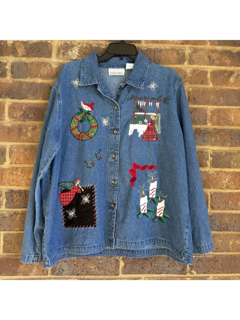 VTG 90s Christmas Casey & Max Denim Shirt Size XL Blue Embroidery Appliqué
